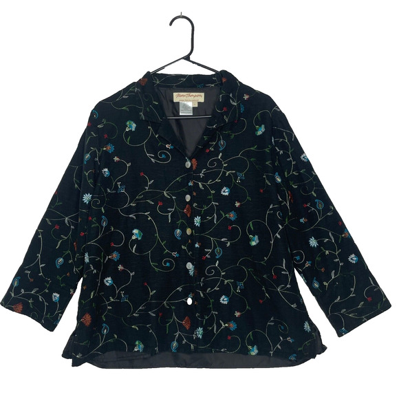 Norm Thompson Tops - Vintage Silk Womens Top Size L Button Front Floral Embroidered Cottagecore Black